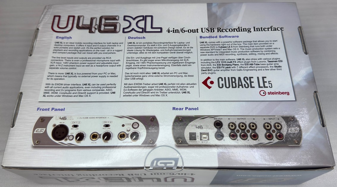 ESI U46 XL аудиоинтерфейс USB 4х6, аналог 4х6, Mic x 1XLR (+48V), Inst Hi-Z 1/4'TRS, наушники, RCA в