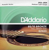 d'addario ez920 струны для акустической гитары, бронза 85/15, medium light 12-54